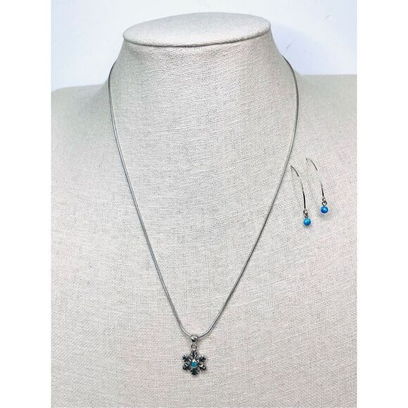 Silver 925 Simulated Fire Opal Snowflake 20" Necklace + Drop Earring Set Jewelry - Picture 2 of 15